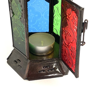 Lanterne arabe hexagonale en fer forgé et verre 22x10
