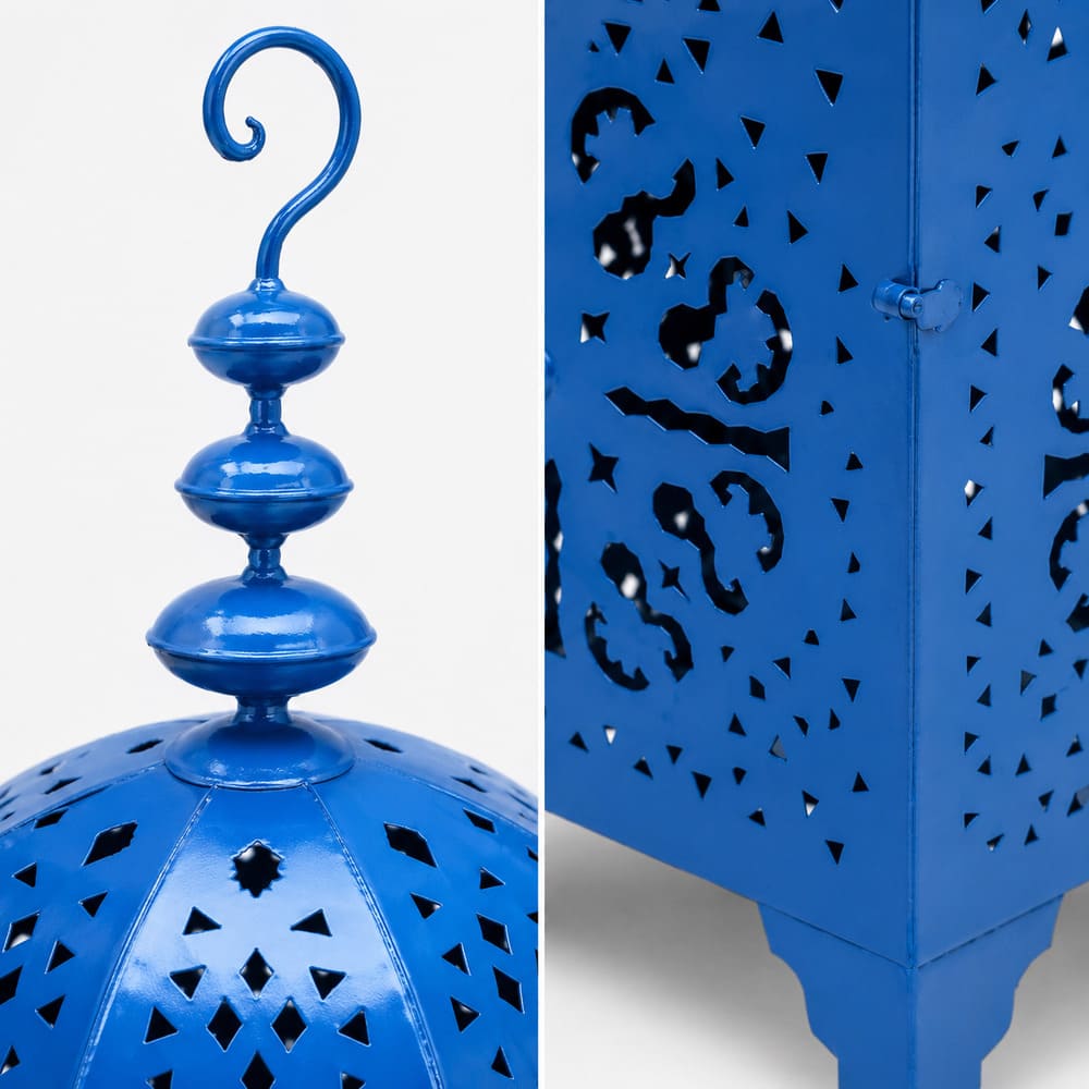 farol marroquí cuadrado forja azul detalle