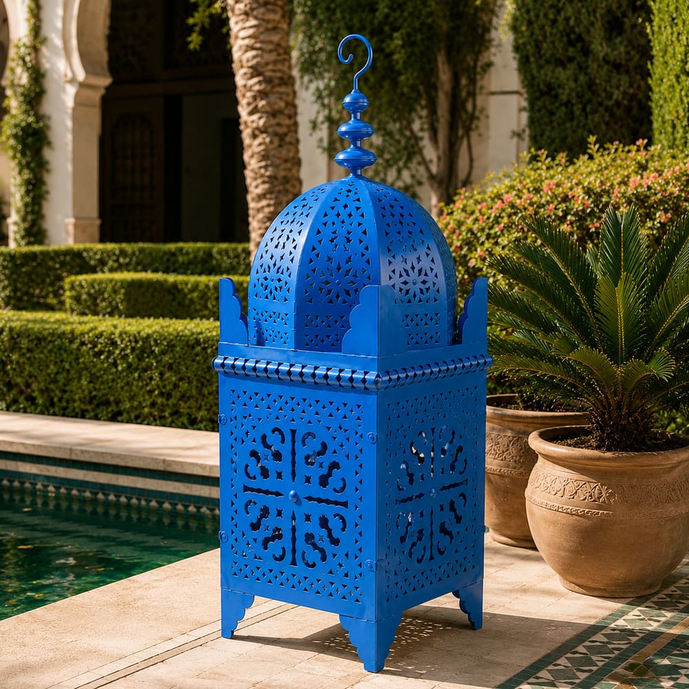 farol marroquí cuadrado forja azul jardin