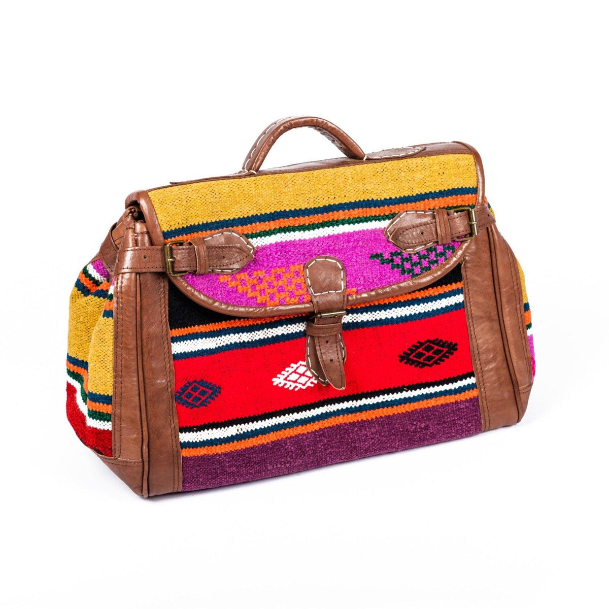 Maleta marroquí de cuero con kilim multicolor